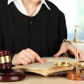 Judge sitting at table during court hearings on room background