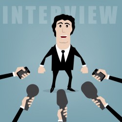 vector businessman giving an interview to journalists