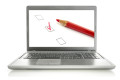 Laptop with red pencil and check boxes on screen. Online survey concept.