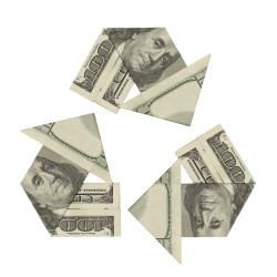 One Hundred Dollar Bills ina Recycle Symbol Isolated on White Background.