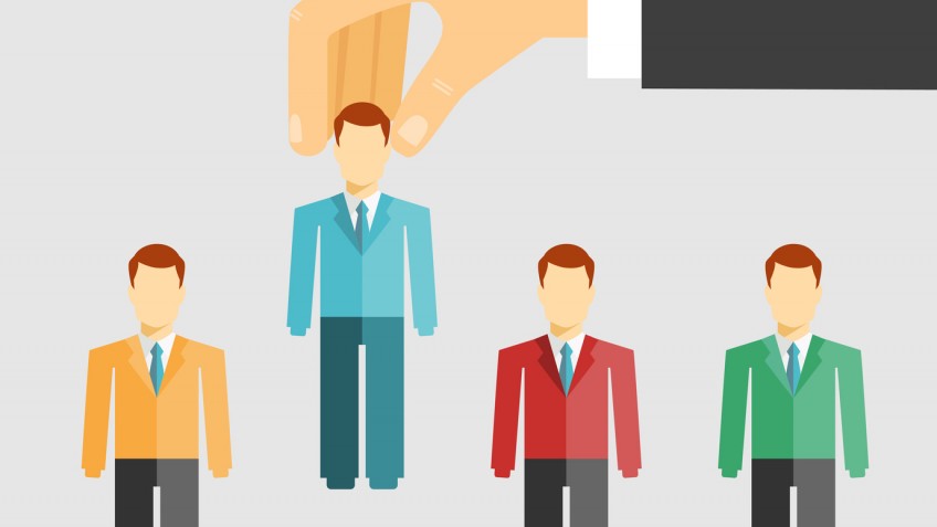 Vector illustration conceptual of human resources management with a businessman selecting a candidate from job applicants for hiring  promotion or dismissal